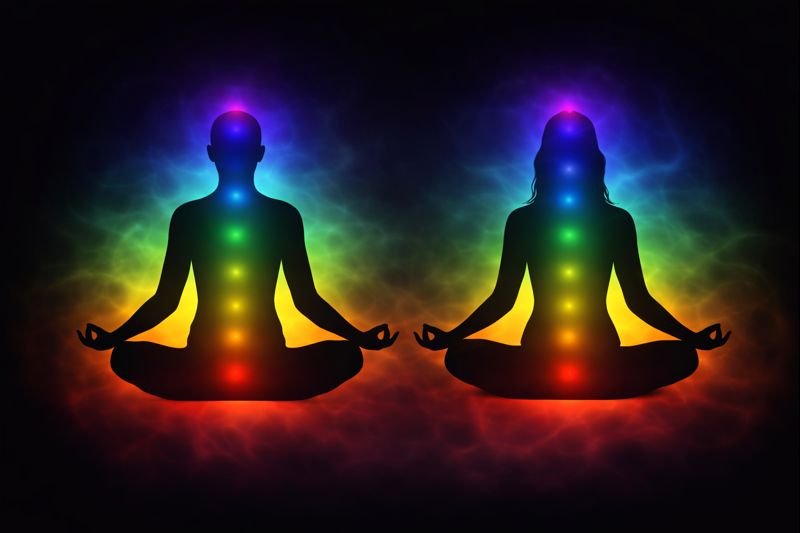 Two seated silhouettes with colorful energy centers representing energy awareness and the energy body